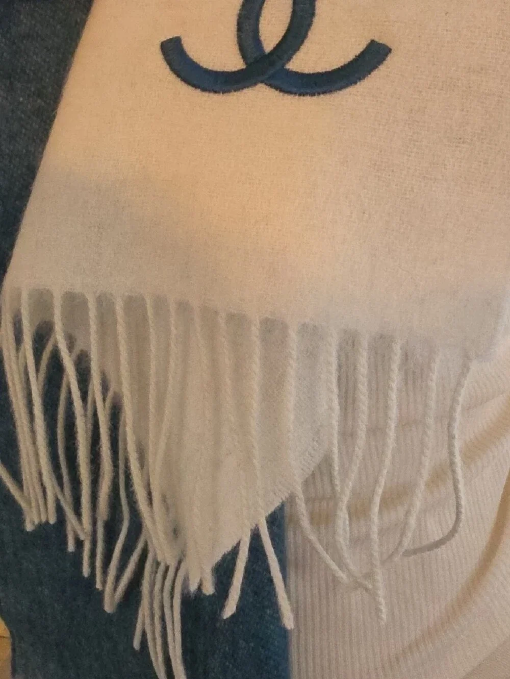 CHANEL Blue and Cream Embroidered CC Logo Scarf